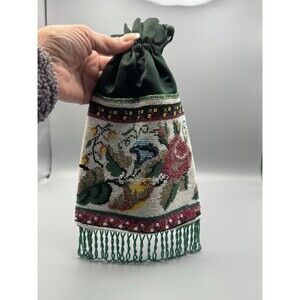 Vintage Micro Beaded Drawstring Purse Floral Motif Glass Beads Fringe Bag
